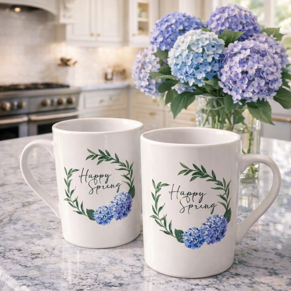 Happy Spring White Ceramic Mugs Set of 2 blue and white Hydrangeas NWT